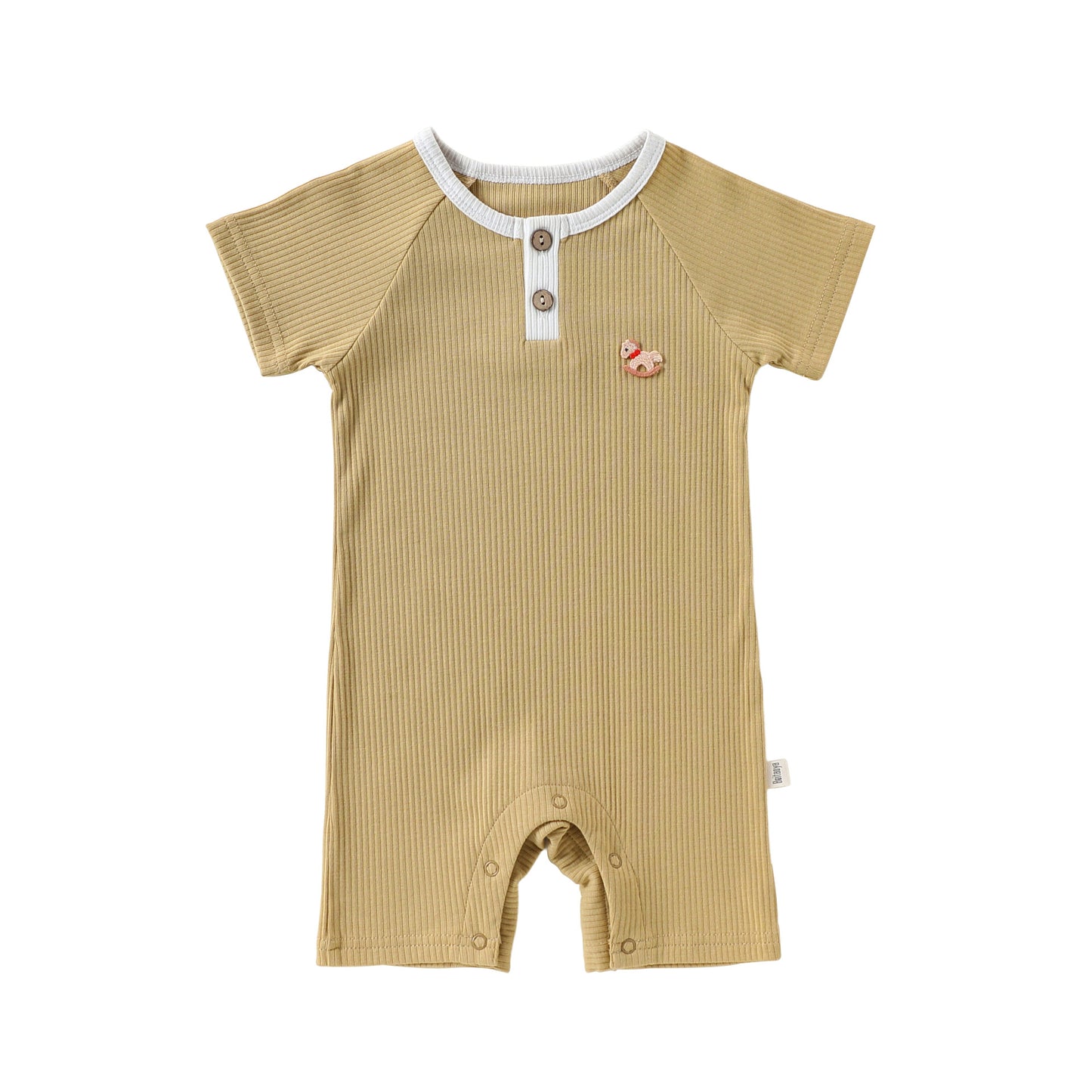 Henley Neckline Short Sleeve Modal Romper ワンポイント 刺繍 半袖ロンパース【mh0012781】