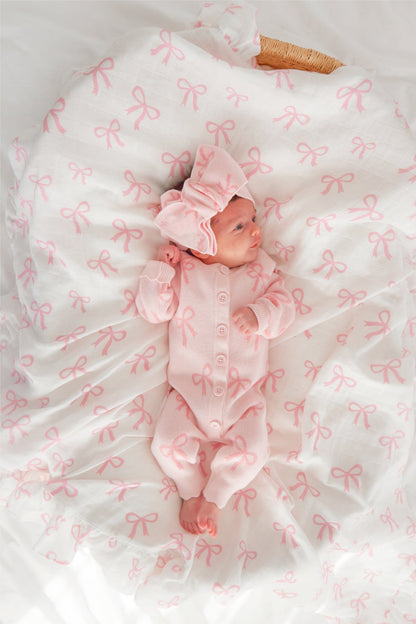 長袖ロンパース ジャカードニット リボン ピンク ジャンプスーツ【mh0011858】