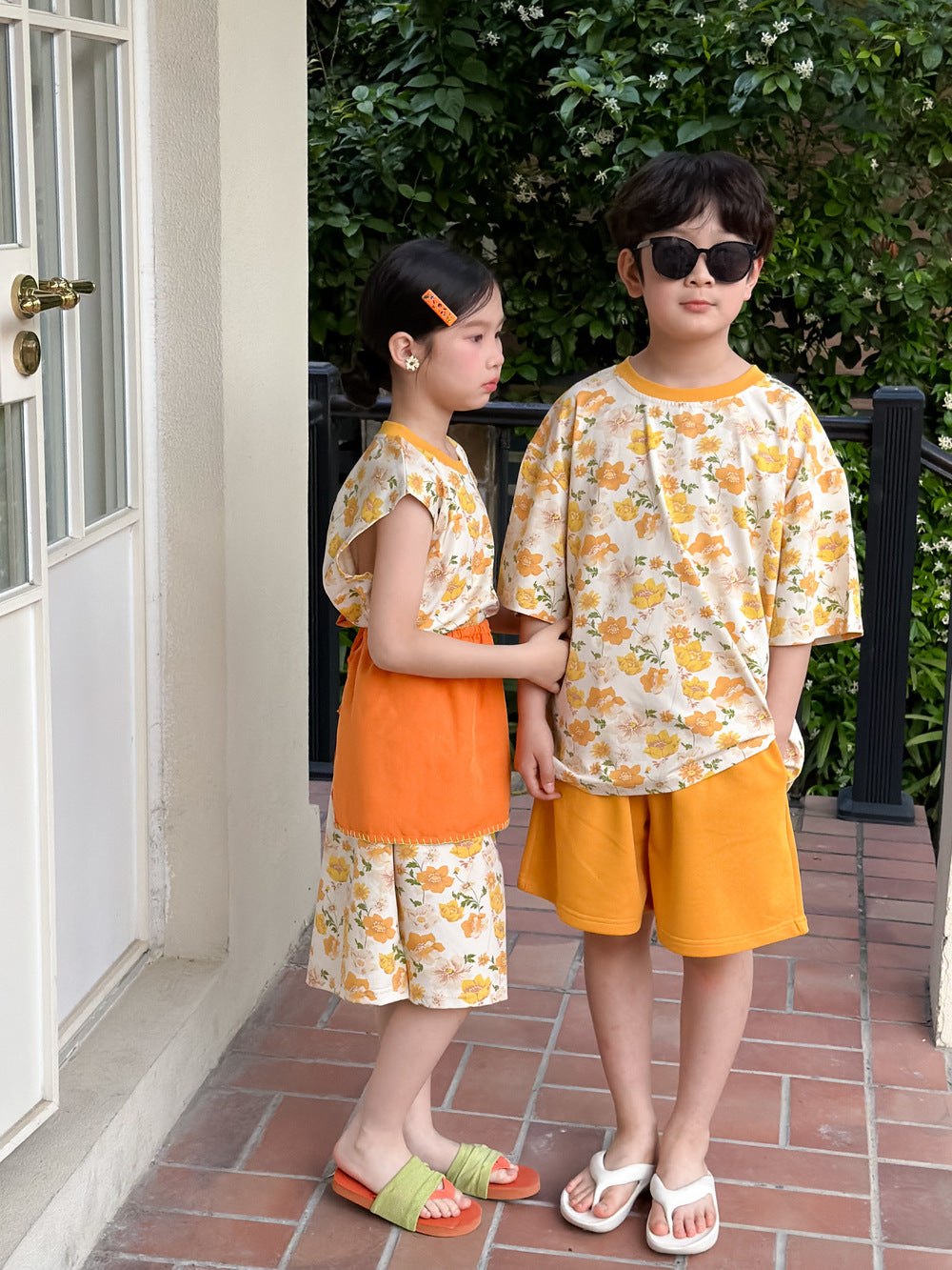 Floral Print Loose Top Dress and Shorts Set 田園プリント 半袖Tシャツ ショートパンツ 半袖ワンピース【mh0013517】