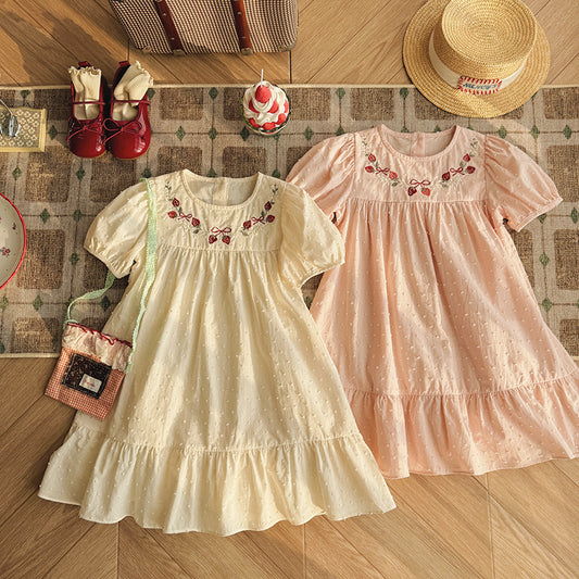Strawberry Embroidery Dotted Cotton Dress いちご 半袖ワンピース【mh0013653】
