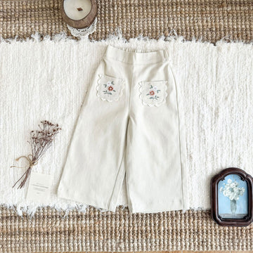 キッズ フラワー 刺繍 ポケット フリル イージー ワイド ロングパンツ【mh0014613】