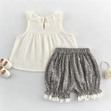 Kids' Frill Collar Floral Lace Sleeveless Blouse and Shorts Set [mh0013838]