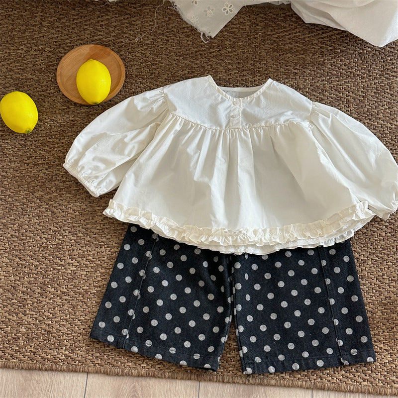 キッズ ドット柄 ステッチ ワイド デニムパンツ【mh0014156】