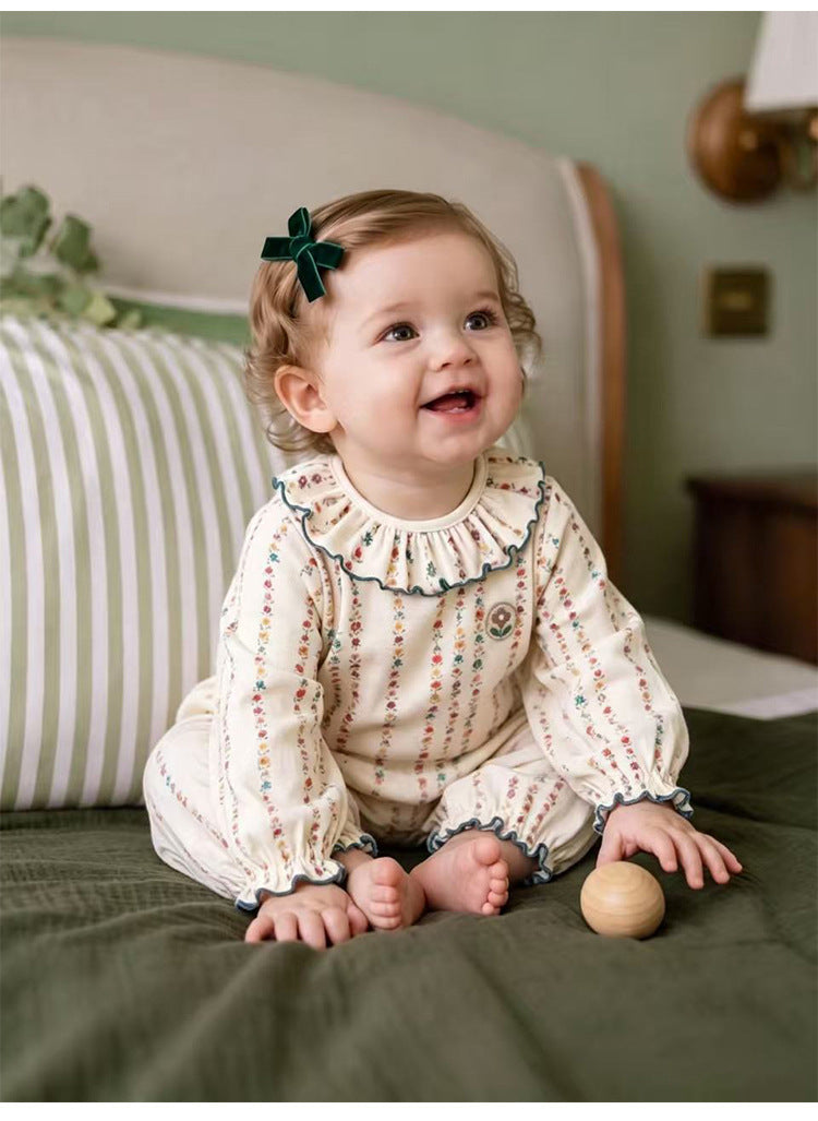 Bebé: pelele de manga larga con cuello de volantes y estampado de florecitas【mh0013962】