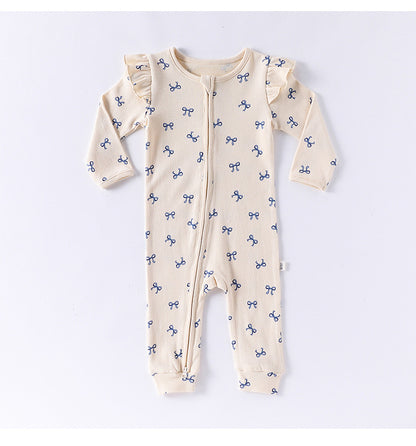 -ハート/リボンプリントジップアップ長袖ジャンプスーツ【mh0010734】 - mamahalo shop - 長袖ロンパース -  べビー服 - 子供服 - 男の子 - 女の子