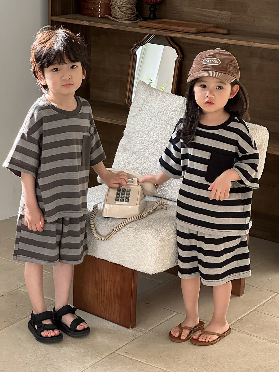Striped Wide Pocket Short Sleeve Shorts Set ボーダー 半袖Tシャツ ハーフパンツ セット【mh0013467】