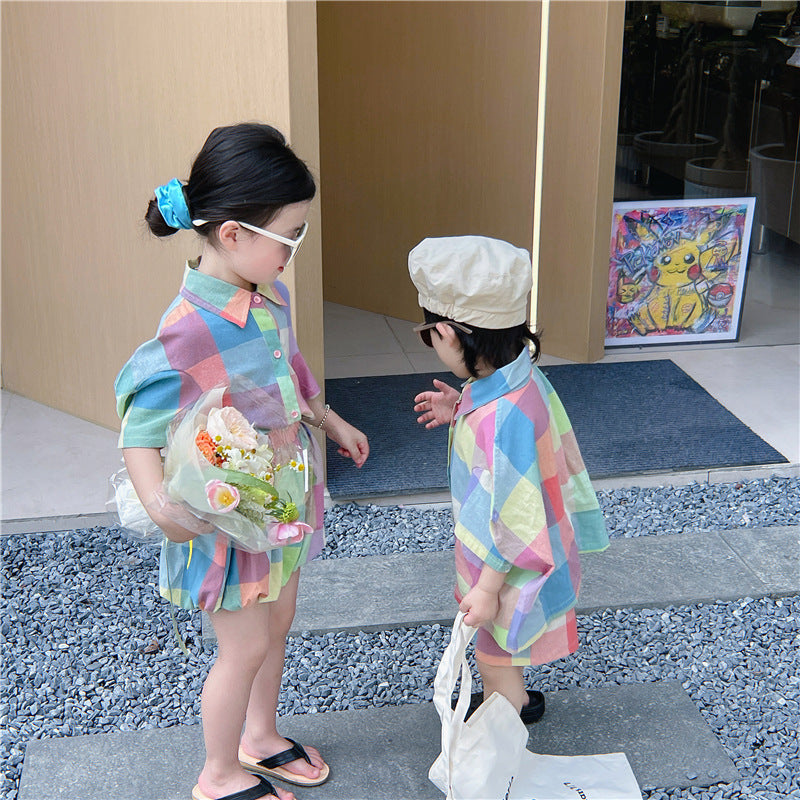 Kids' Checkered Short-Sleeved Shirt, Shorts, and Balloon Pants Set [mh0001742]