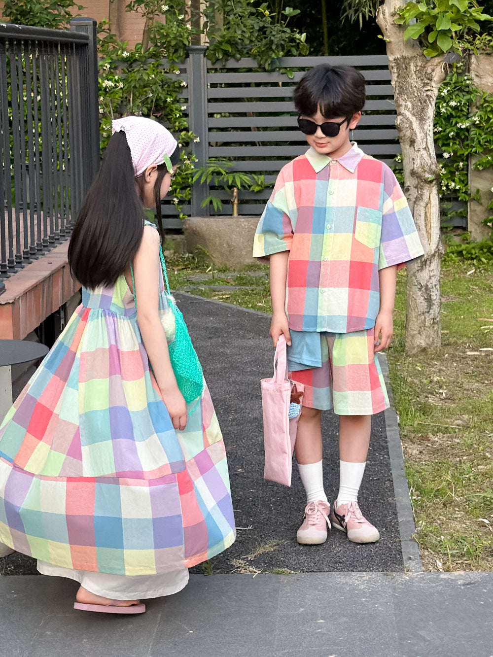Gingham Multi Colored Dress Shirt Shorts Set ノースリーブワンピース 半袖シャツ パンツ【mh0013523】