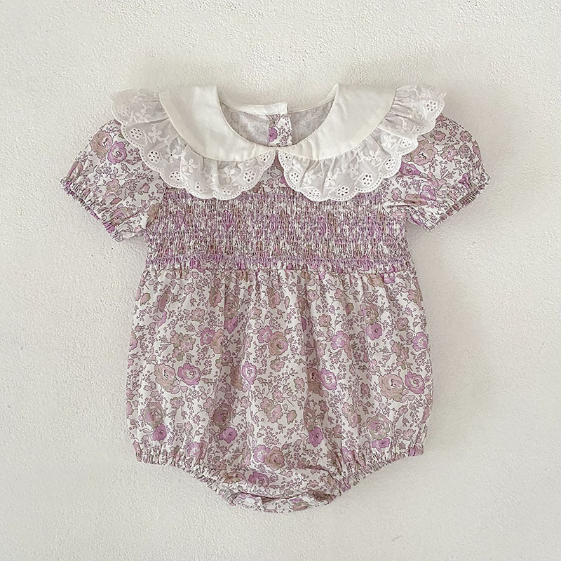 Floral Lace Collar Dress Romper Vestido con cuello de volantes y mangas cortas Mameluco de manga corta【mh0013156】
