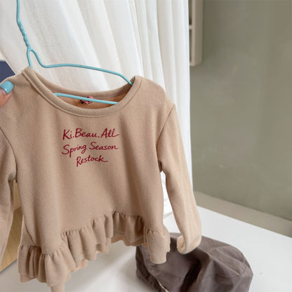キッズ 英字レター 刺繍 裾フリル 長袖Tシャツ【mh0014552】