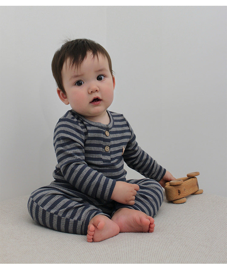 -ボーダー長袖ロンパース/ロングパンツ【mh0010730】 - mamahalo shop - ロンパースセットアップ -  べビー服 - 子供服 - 男の子 - 女の子