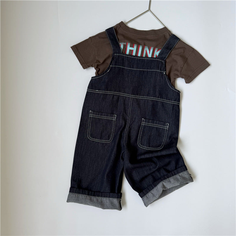 キッズ パッチ デニム ステッチ ロング サロペット【mh0013650】