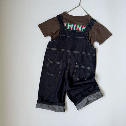 キッズ パッチ デニム ステッチ ロング サロペット【mh0013650】