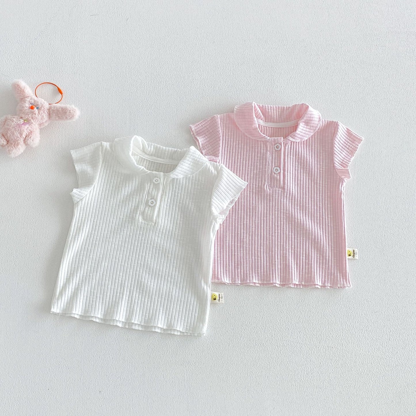 Ribbed Lapel Collar Puff Sleeve Polo Top メロウ 半袖ポロシャツ【mh0013431】