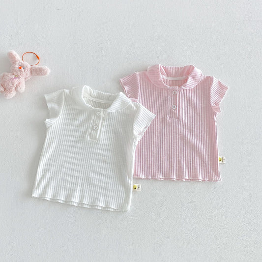 Ribbed Lapel Collar Puff Sleeve Polo Top メロウ 半袖ポロシャツ【mh0013431】