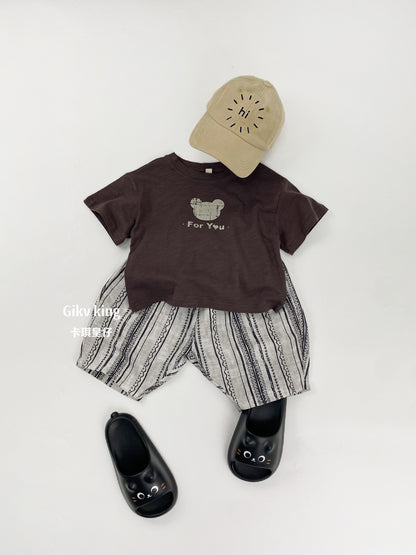 Short Sleeve Pocket Top, Striped Shorts, Geometric Pattern, Striped Short Sleeve Set Up [mh0012829]