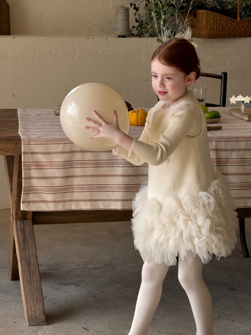 ノースリーブワンピース フリース ボリュームチュールスカート ビーズ刺繍【mh0011887】