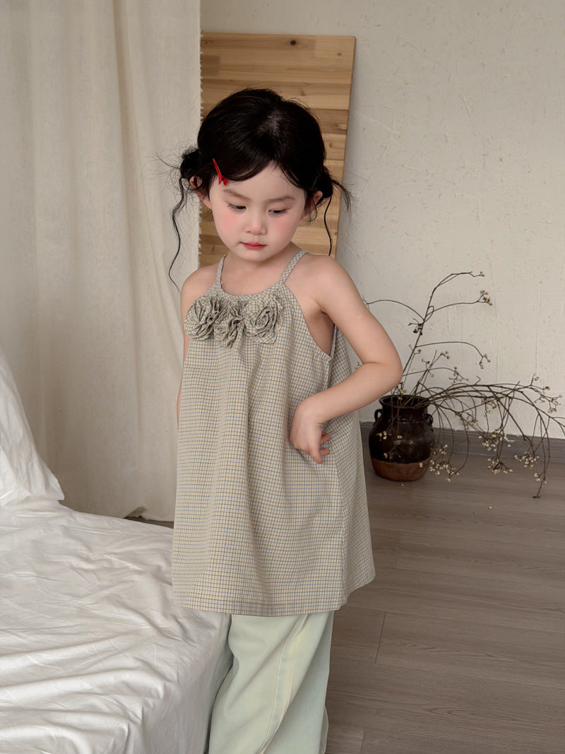 3D Flower Plaid Dress チェック キャミワンピース【mh0013116】