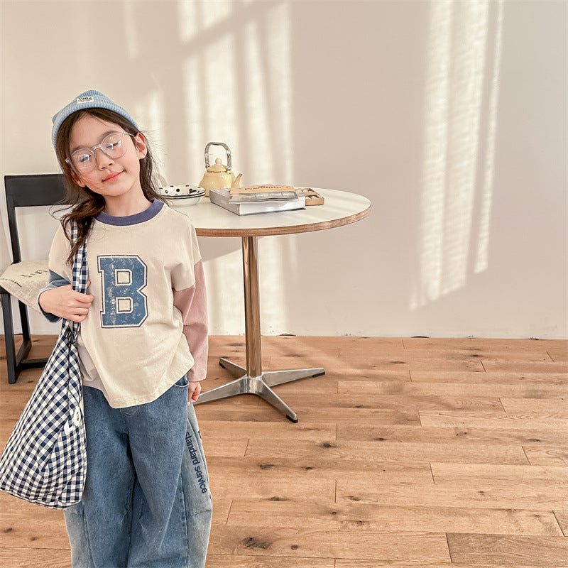 Kids Tops Long Sleeve T-Shirt Patchwork Letter Logo Print 2 Colors