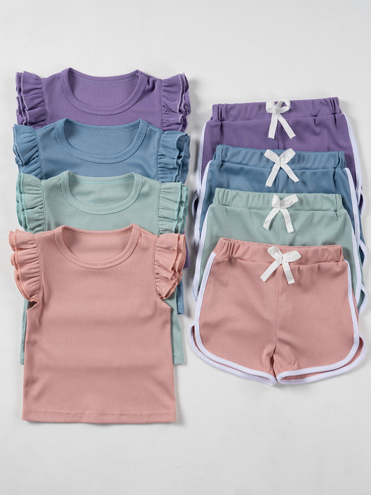 -キッズセットアップ 2点セット フリルスリーブTシャツ+ショートパンツ 4カラー【mh0006103】 - mamahalo shop - 半袖セットアップ -  べビー服 - 子供服 - 男の子 - 女の子