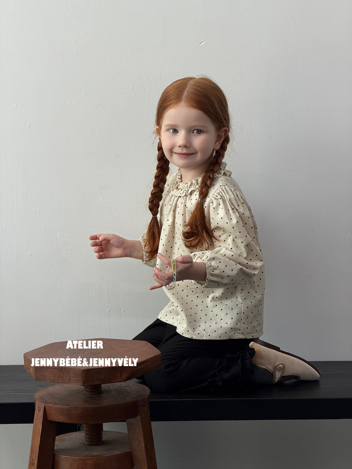 Blusa de manga larga con volantes y estampado de puntos para niñas + pantalón acampanado [mh0014657]