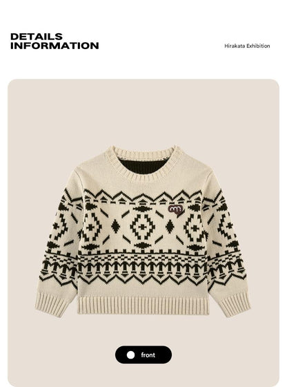 -長袖ニットセーター フェアアイル柄 北欧風 クルーネック プルオーバー【mh0011307】 - mamahalo shop - ニット・セーター -  べビー服 - 子供服 - 男の子 - 女の子
