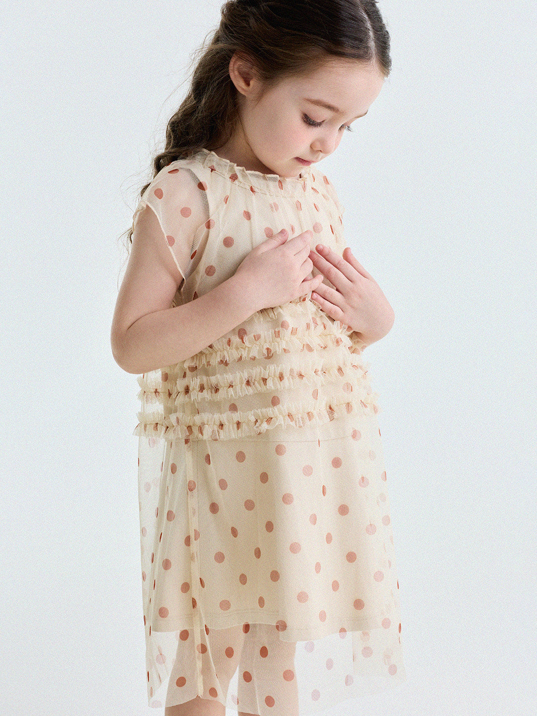 Polka Dot Ruffle Mesh Dress チュール フレンチスリーブワンピース【mh0013199】