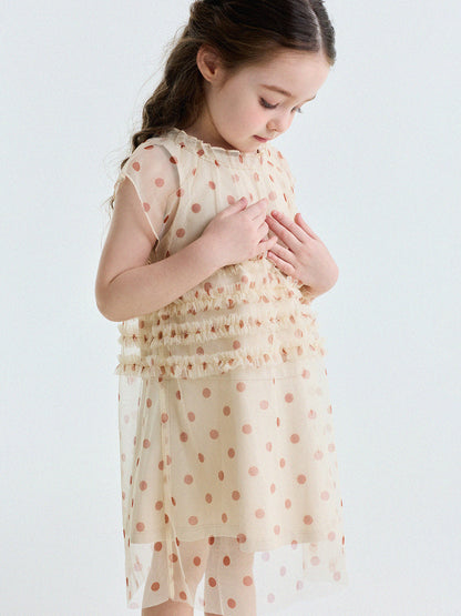 Polka Dot Ruffle Mesh Dress チュール フレンチスリーブワンピース【mh0013199】