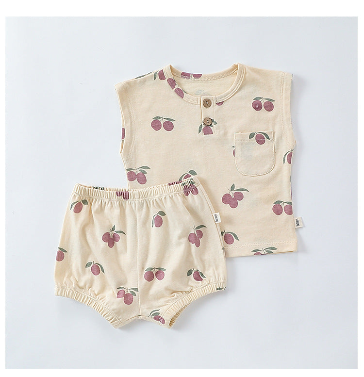 Sleeveless Fruit Pattern Shorts Set フルーツ 半袖Tシャツ ショートパンツ セット【mh0013586】