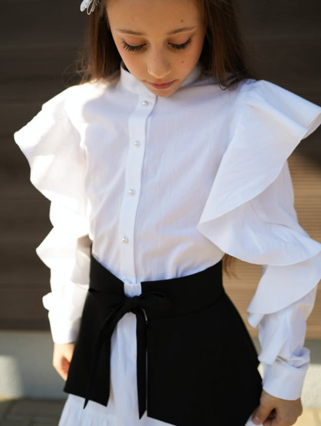 Kids' Ruffle Motif Long-Sleeve Shirt, Corset Belt, and Miniskirt 3-Piece Set 【mh0014735】