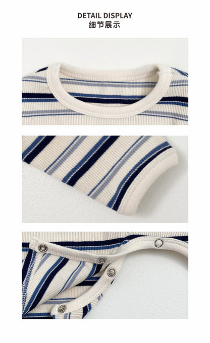 -カラフルボーダーロンパース ボンネット付き リブ編み コットンカバーオール 2点セット【mh0010891】 - mamahalo shop - 長袖ロンパース -  べビー服 - 子供服 - 男の子 - 女の子