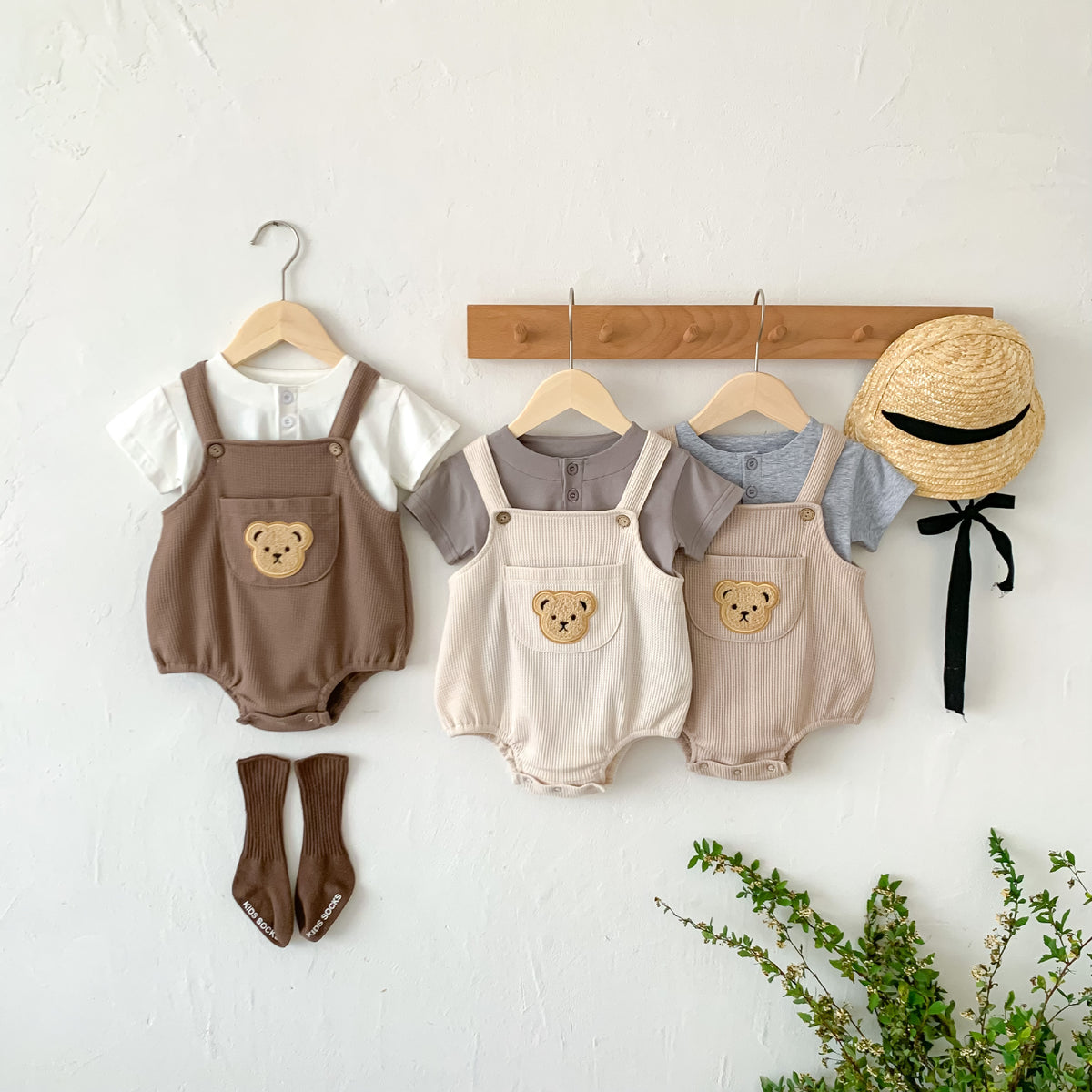 ベビー ベア ワッフル サスペンダー ロンパース 半袖 Tシャツ【mh0001951】