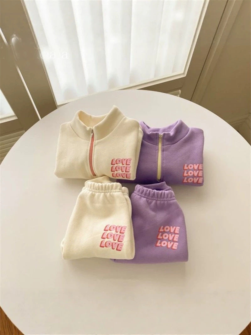 Conjunto de sudadera de manga larga con media cremallera y estampado de logotipo y pantalón largo para bebés y niños 【mh0014638】