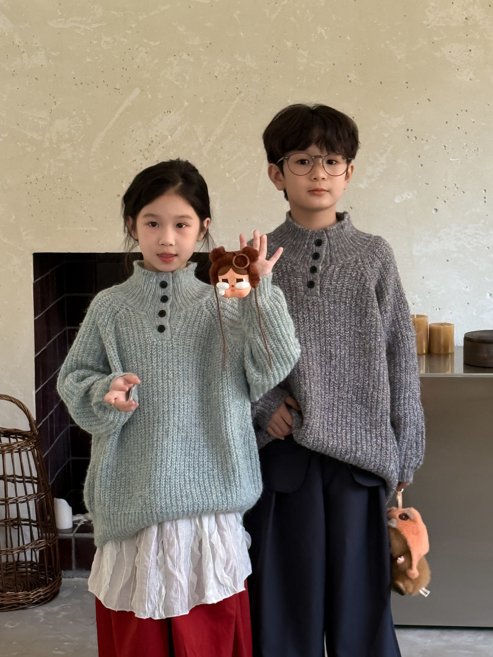 -スタンドネックボタン付きニットセーター スタンドカラーハイネックトップス【mh0010966】 - mamahalo shop - ニット・セーター -  べビー服 - 子供服 - 男の子 - 女の子