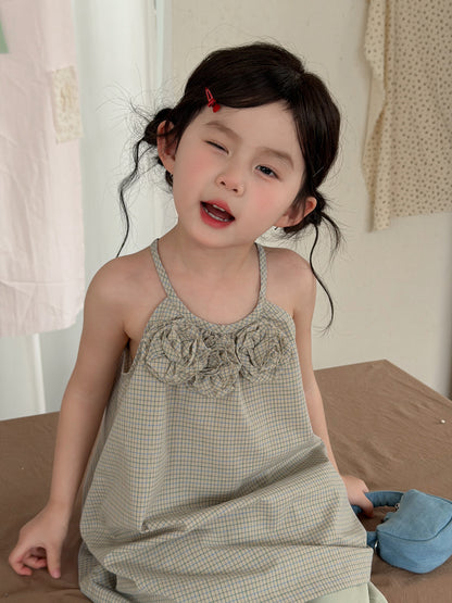 3D Flower Plaid Dress チェック キャミワンピース【mh0013116】