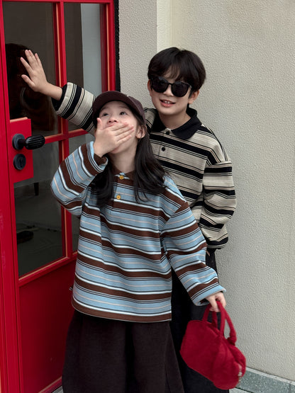 長袖ポロシャツ キッズ ボーダー柄 裏起毛 厚手 ゆったり カジュアル トップス【mh0011669】