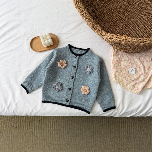 Kids' 3D Flower Motif Piping Knit Cardigan [mh0014532]