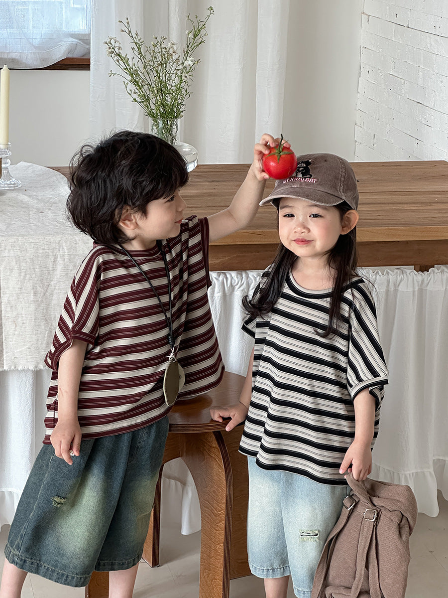 Striped Casual Loose Cotton Tops ボーダー 半袖Tシャツ【mh0013463】