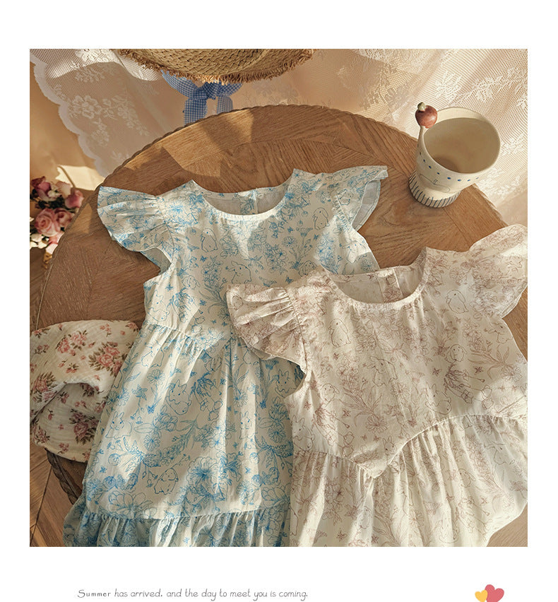 Floral Rabbit Flutter Sleeve Tiered Dress アニマル 半袖ワンピース【mh0013655】