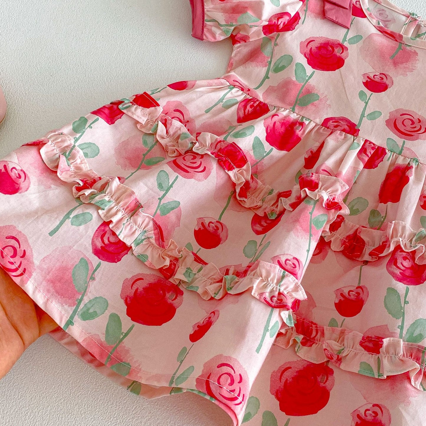 Kids' Floral Print Ribbon Puff-Sleeve Short-Sleeve Dress [mh0013853]