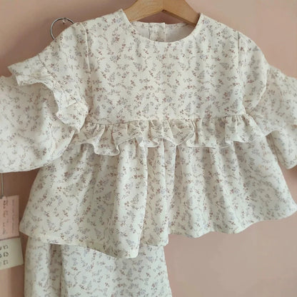 【mh0014750】2027 INS Ruso Top floral de muñeca de algodón para niñas + Pantalones anchos de encaje, Dos piezas francesas para niños