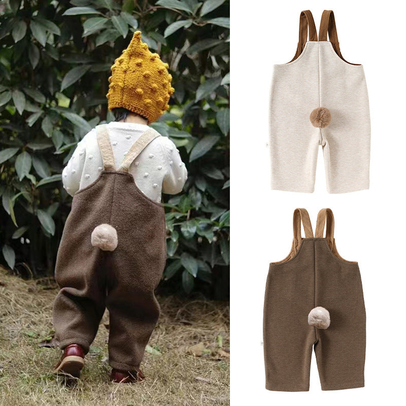 サロペット ウール調 厚手 しっぽ付 オーバーオール 防寒【mh0011707】