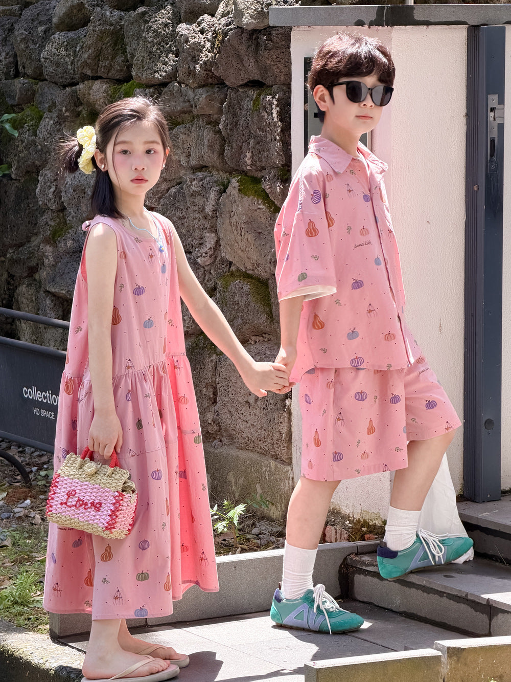 Pumpkin Mixed Vegetable Print Set Dress ベジタブル 半袖シャツ ハーフパンツ ノースリーブワンピース【mh0013527】