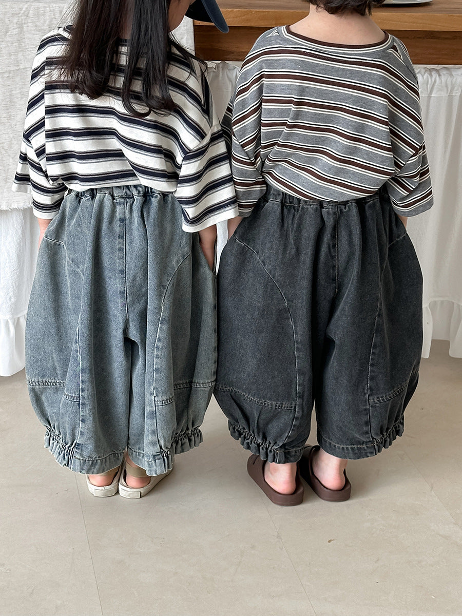 Gentered Pleated Elastic Denim Capris ウォッシュ クロップドパンツ【mh0013464】