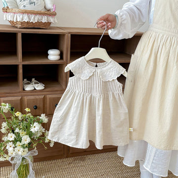 Kids' Lace Collar Embroidered Pintuck Sleeveless Dress [mh0013852]