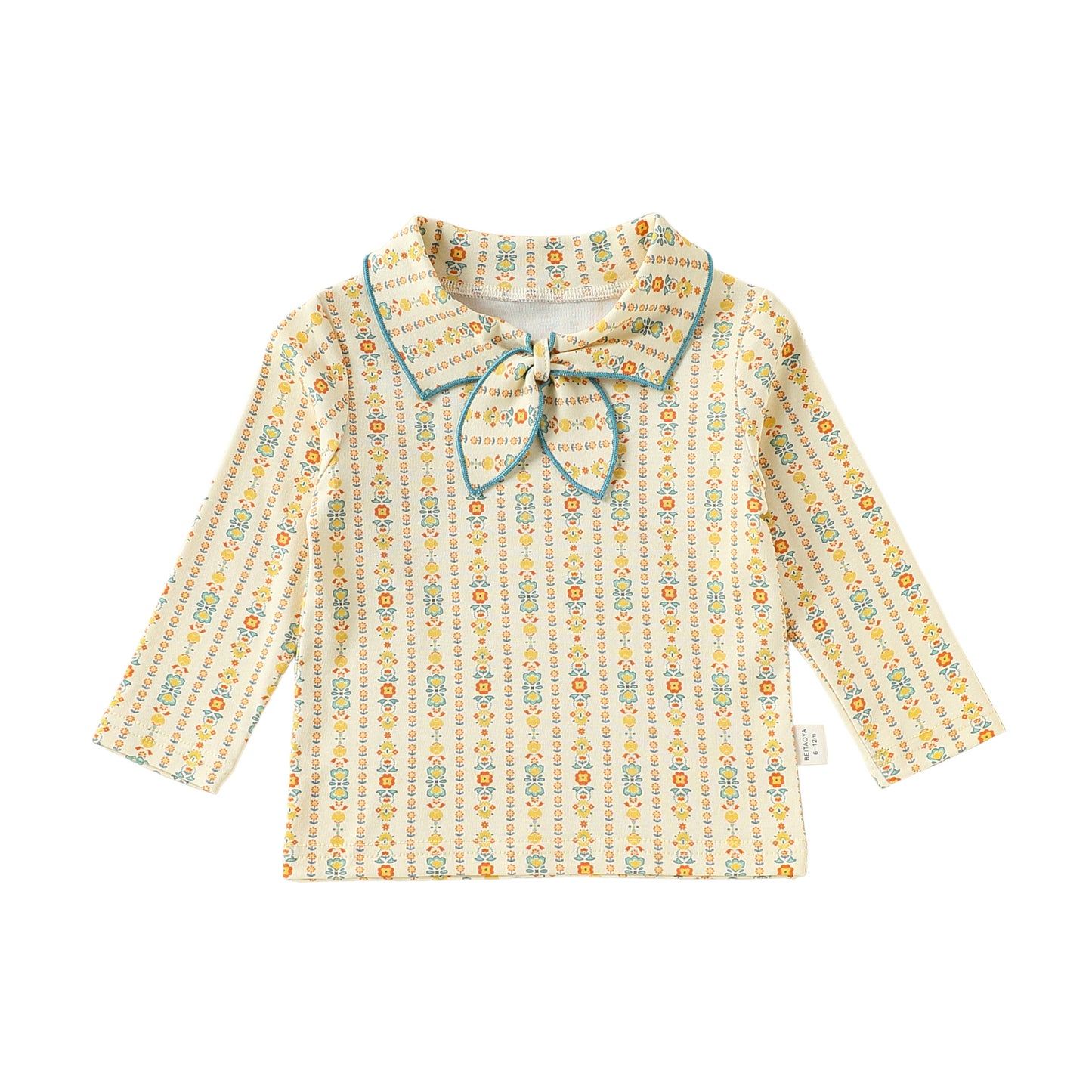 ベビー キッズ 花柄 襟付き リボンタイ ストレッチ 長袖Tシャツ【mh0014145】