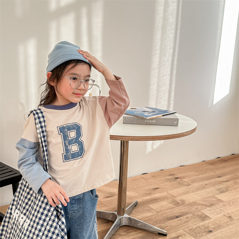 Kids Tops Long Sleeve T-Shirt Patchwork Letter Logo Print 2 Colors