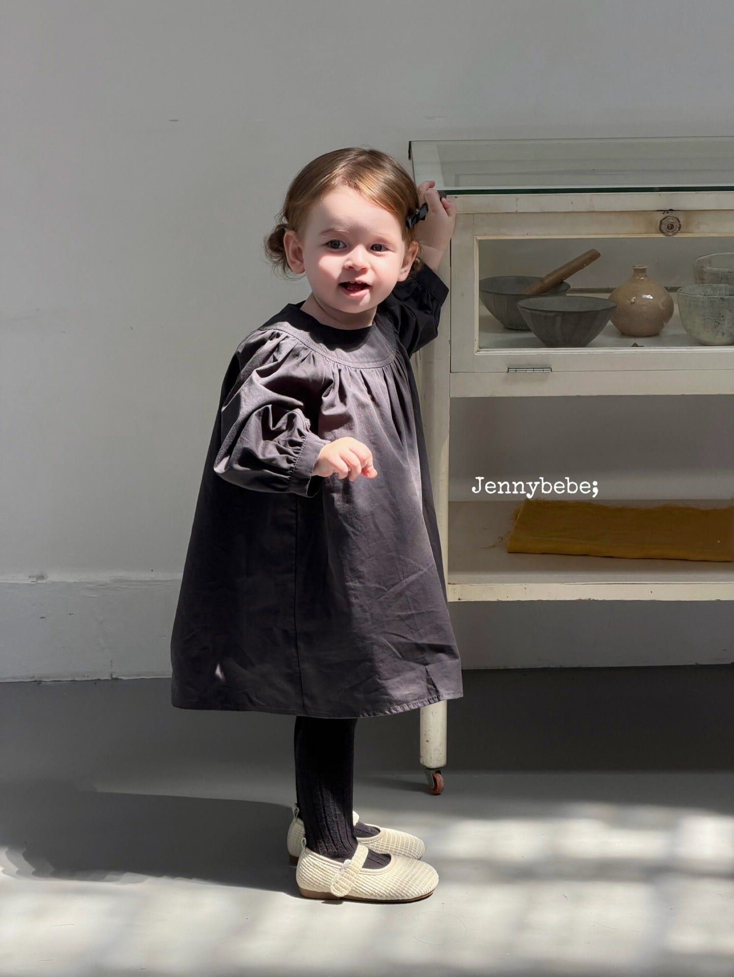 Kids' Plain Long-Sleeved Back-Button Gathered-Waist Flared Dress