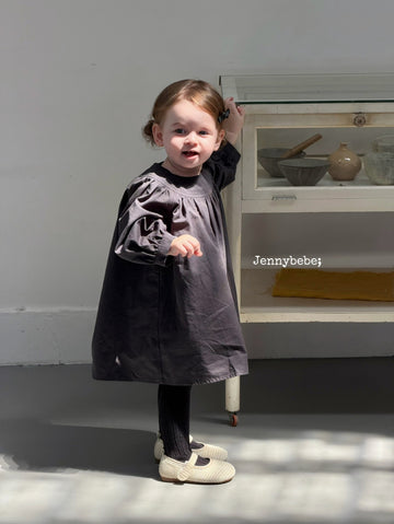 Kids' Plain Long-Sleeved Back-Button Gathered-Waist Flared Dress
