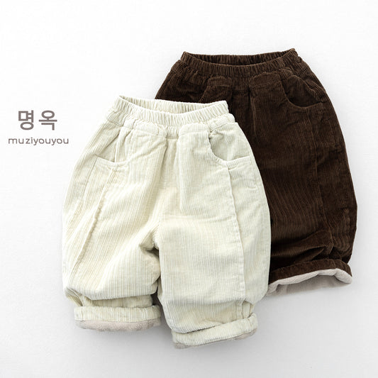 Pantalones de trabajo informales para niños, de pana con forro de borreguillo y corte cónico【mh0014511】